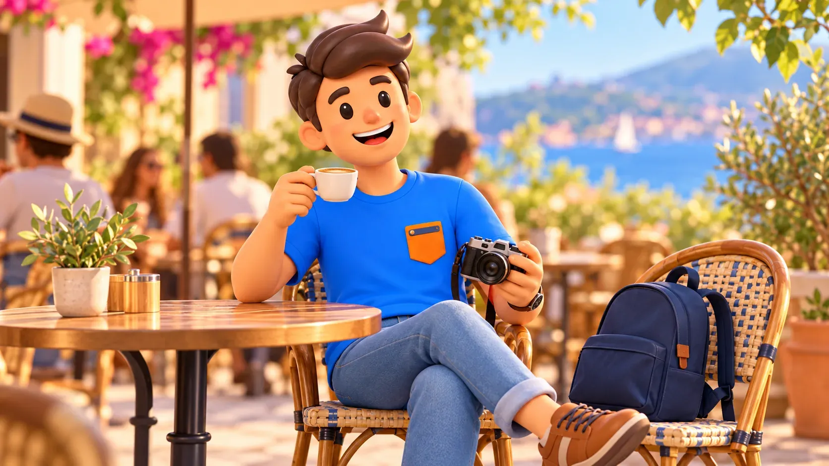Traveller relaxing at a café with a small daypack