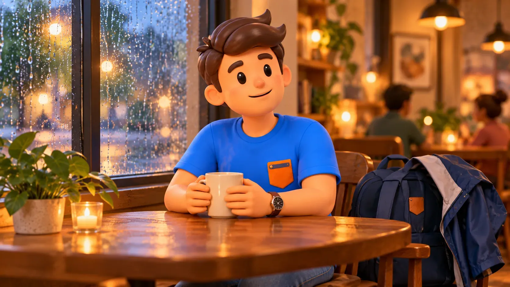Traveller relaxing in a café on a rainy day