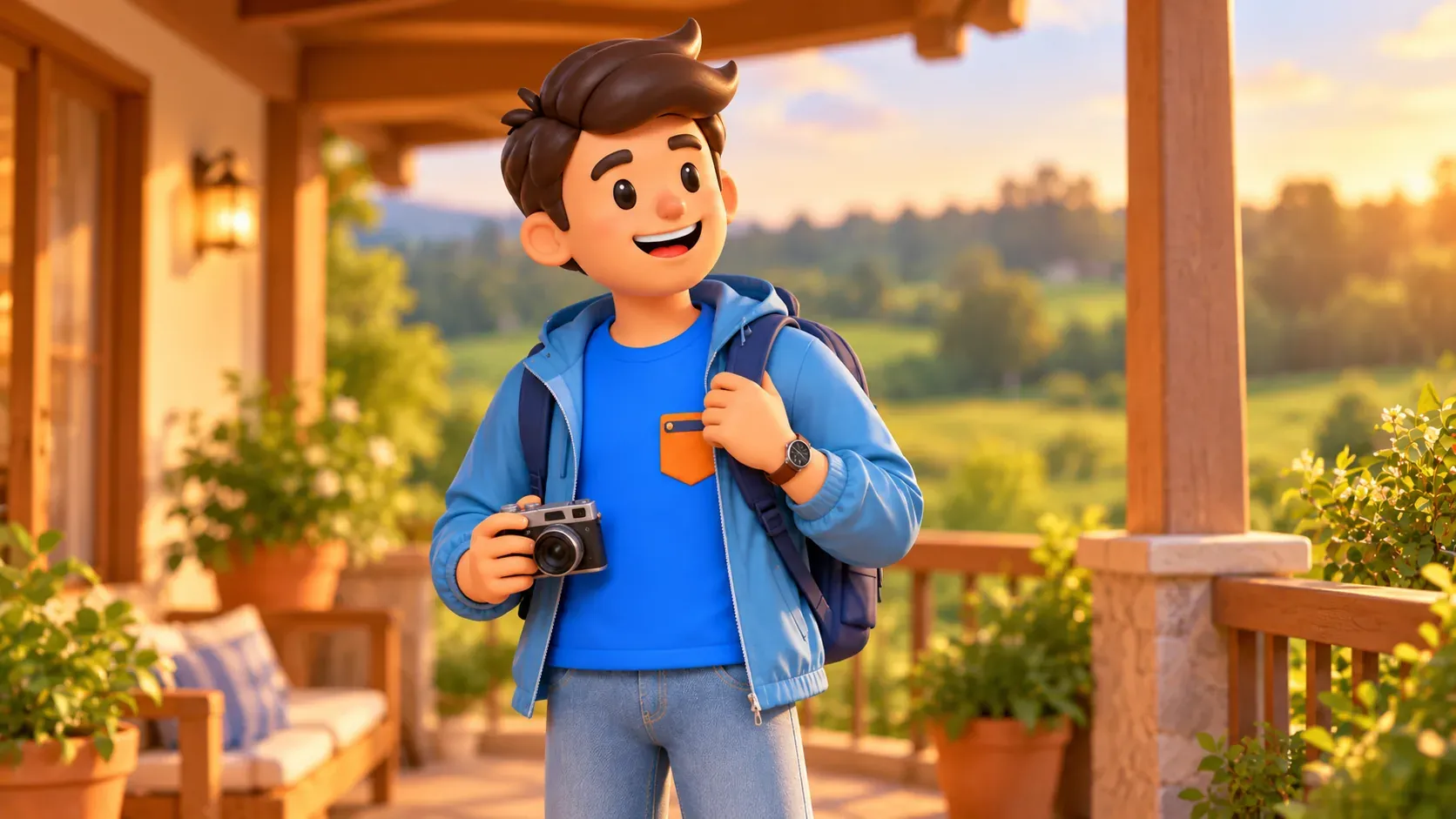 Traveller preparing to go out on a summer evening