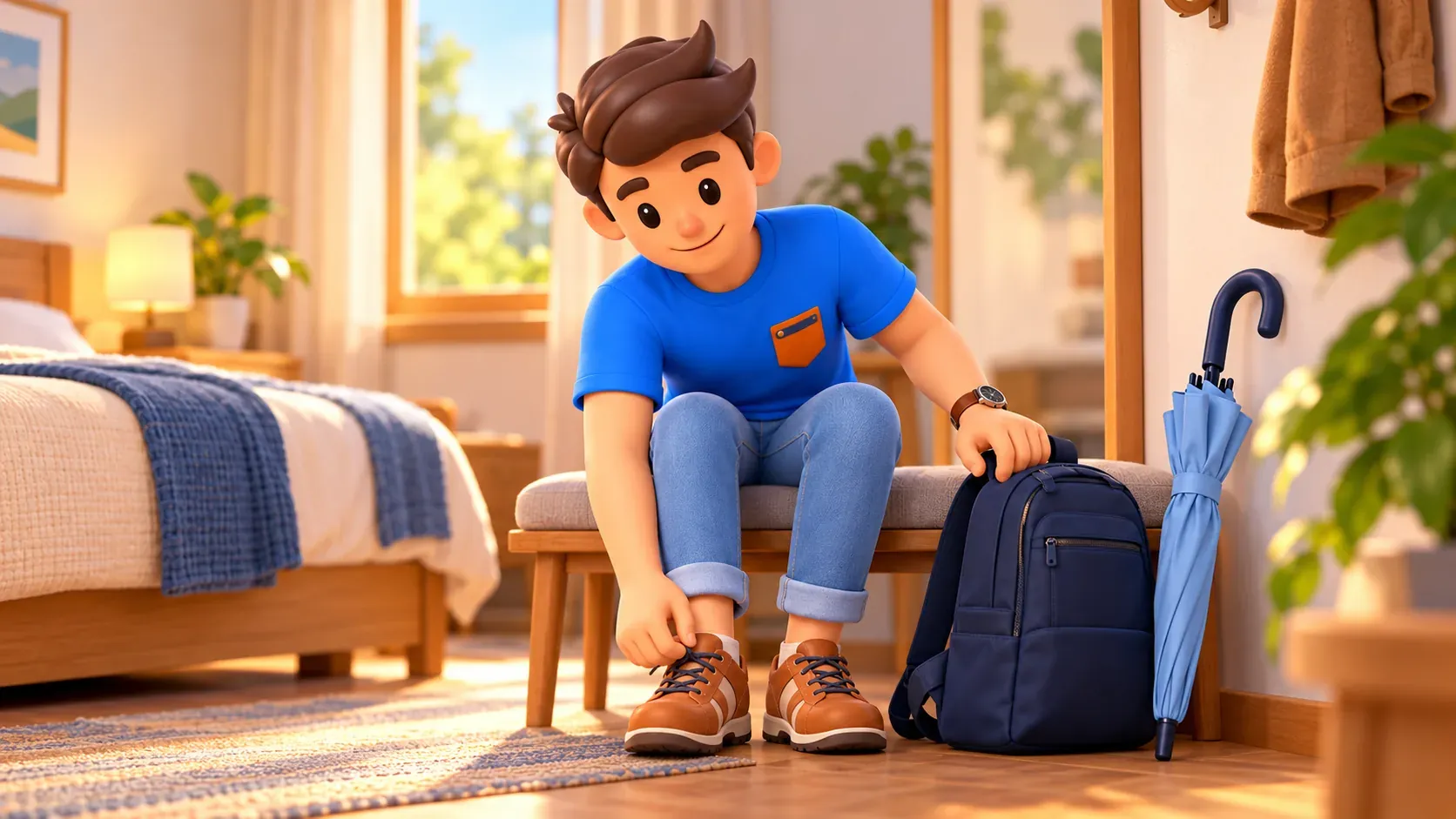 Traveller preparing shoes and backpack before going out
