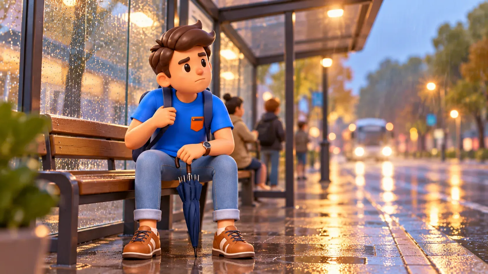 Traveller with umbrella waiting for transport in the rain