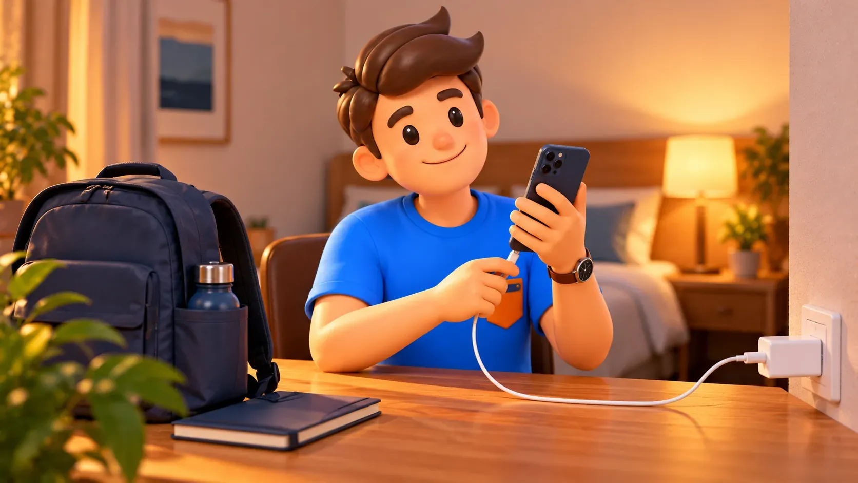 Traveller charging a phone after a city outing