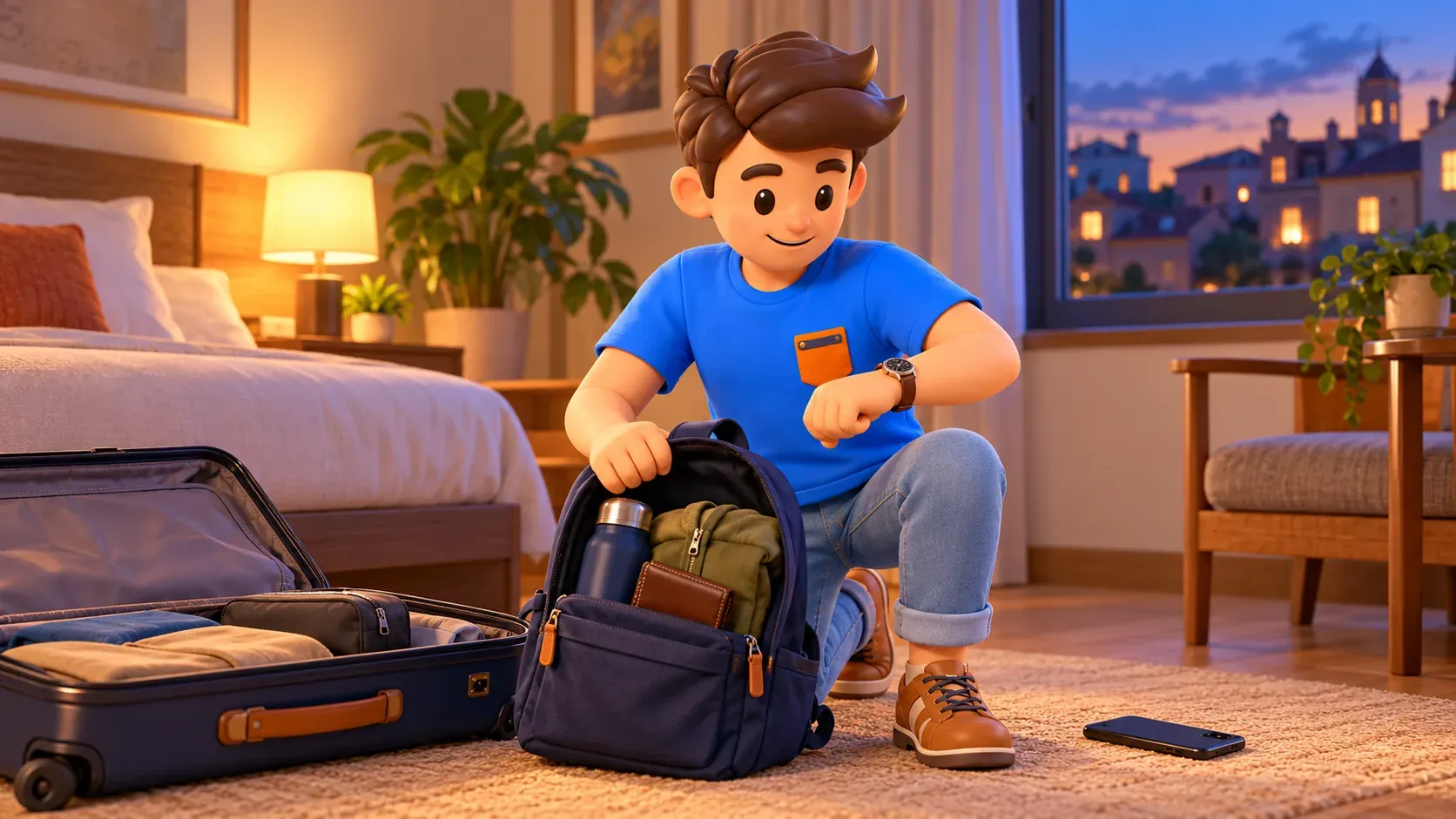 Voyageur préparant son sac et regardant sa montre à l'hôtel