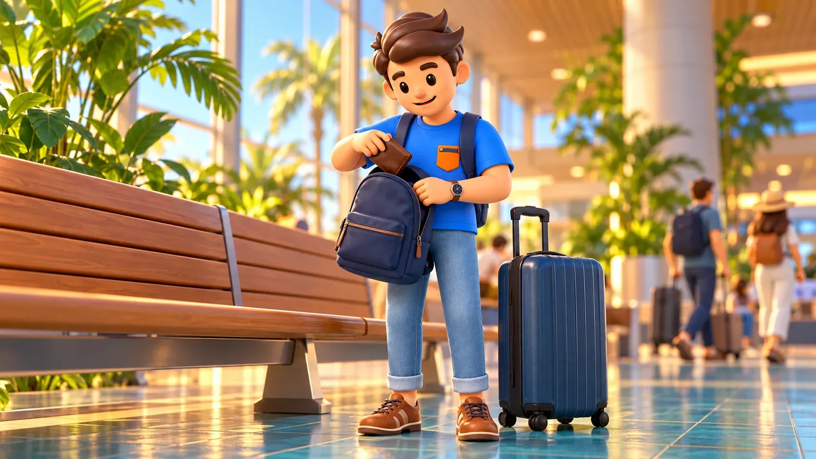 Viajero sacando una cartera cerrada de la mochila antes de viajar