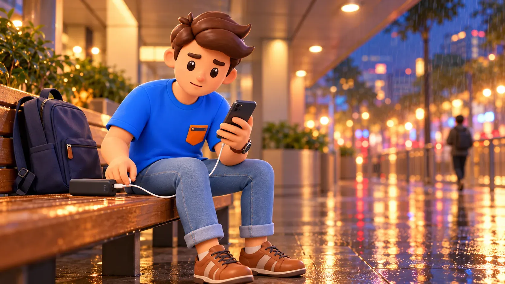 Viajero conectando el teléfono a una batería externa en un paso cubierto