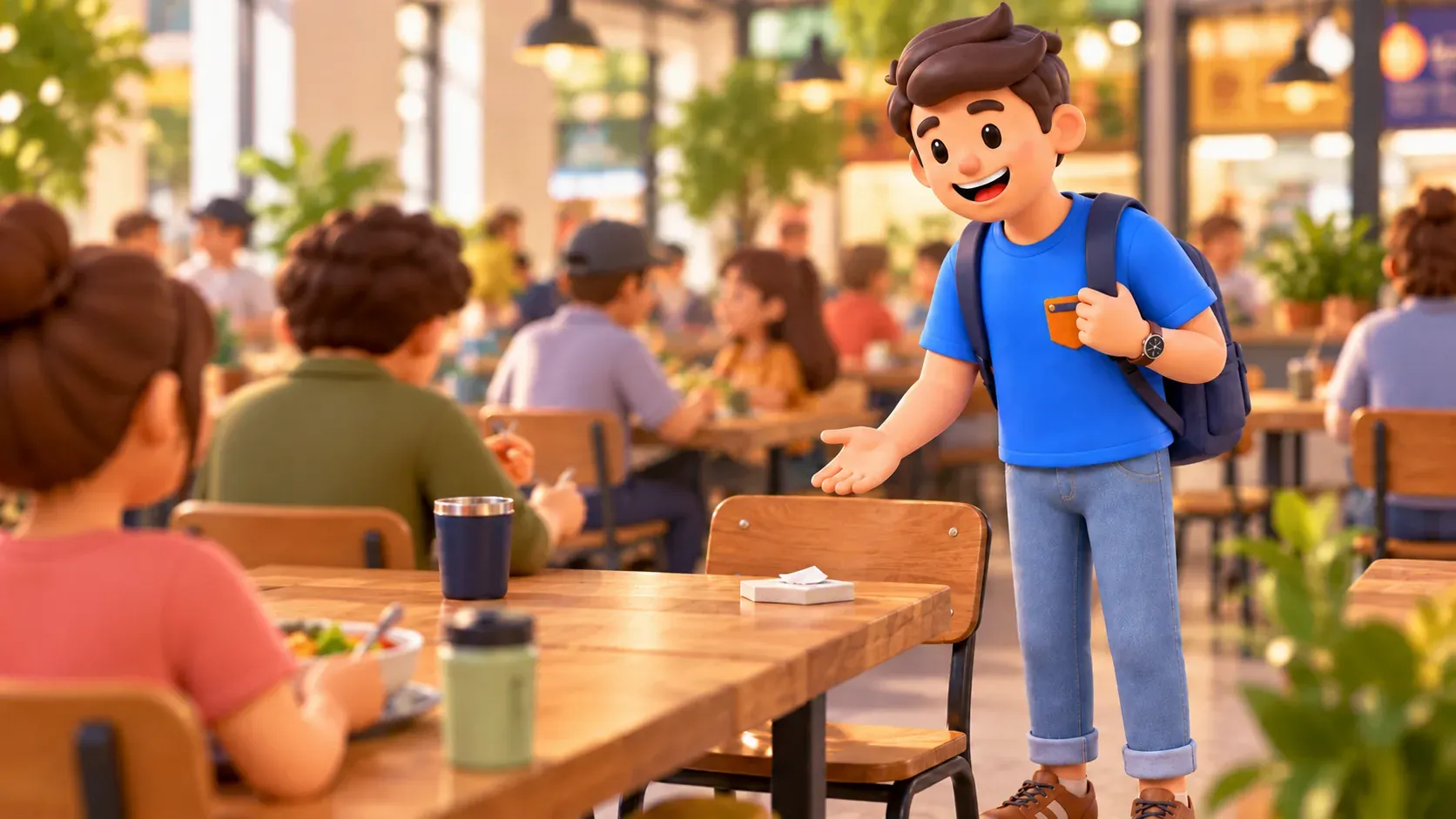 Traveller asking about a free seat at a shared table