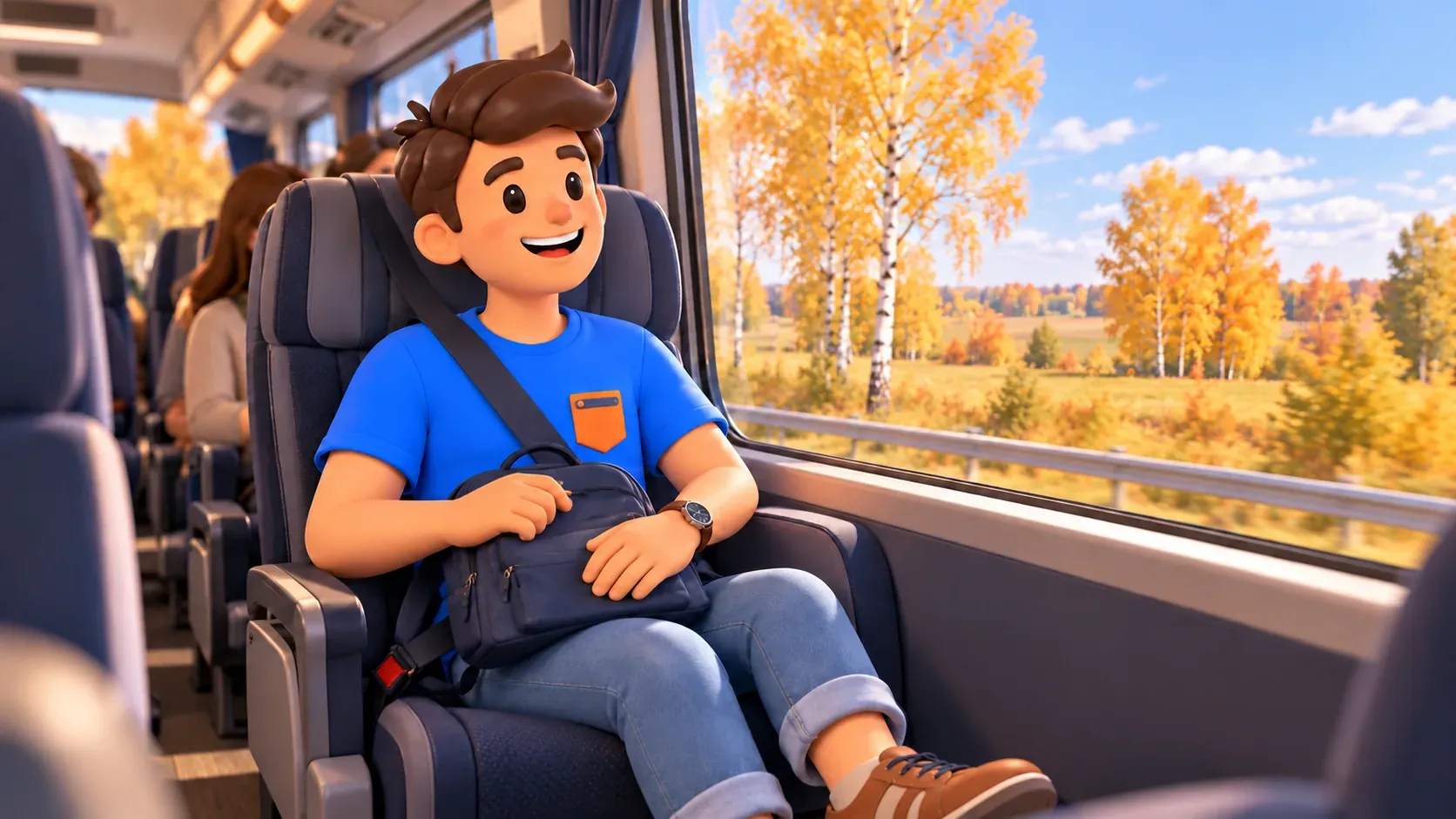 Viajero con cinturón en un minibús junto a un paisaje otoñal llano