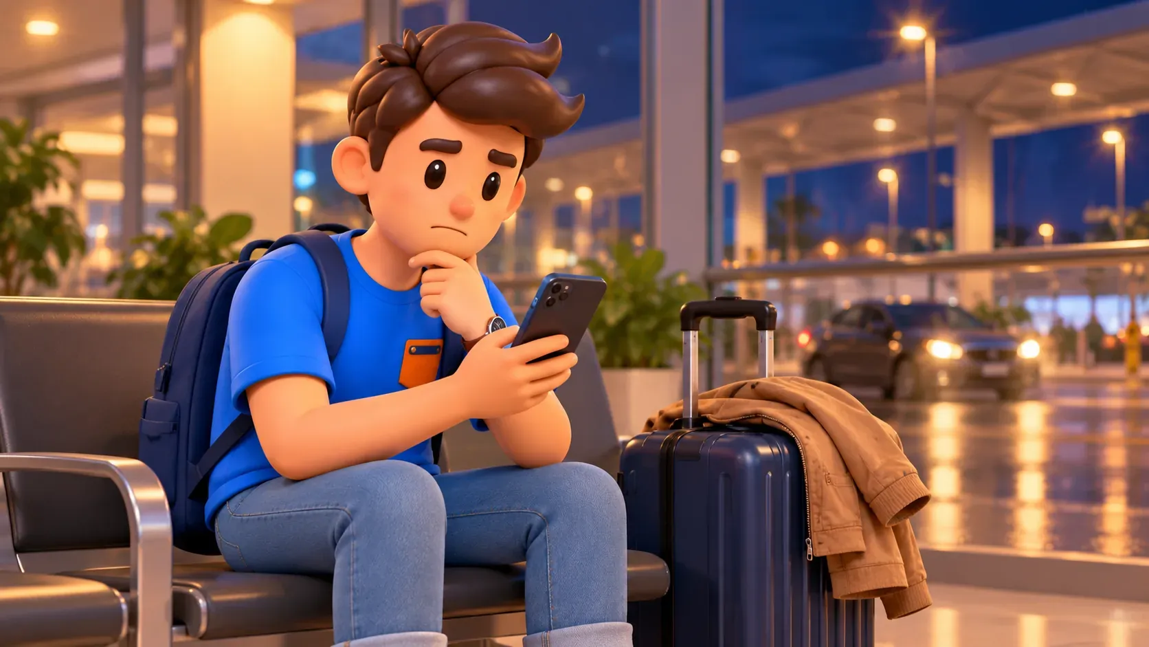 Viajero consultando el teléfono en una zona de espera genérica de noche