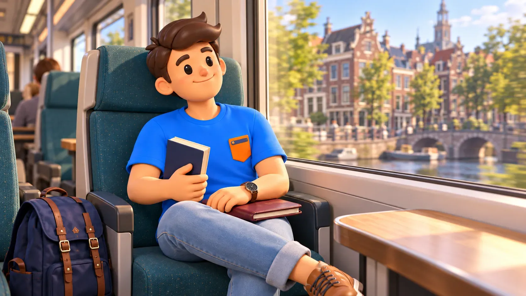 Ilustración temática tras subir al tren con un viajero y un libro en un vagón imaginario con vista exterior ficticia