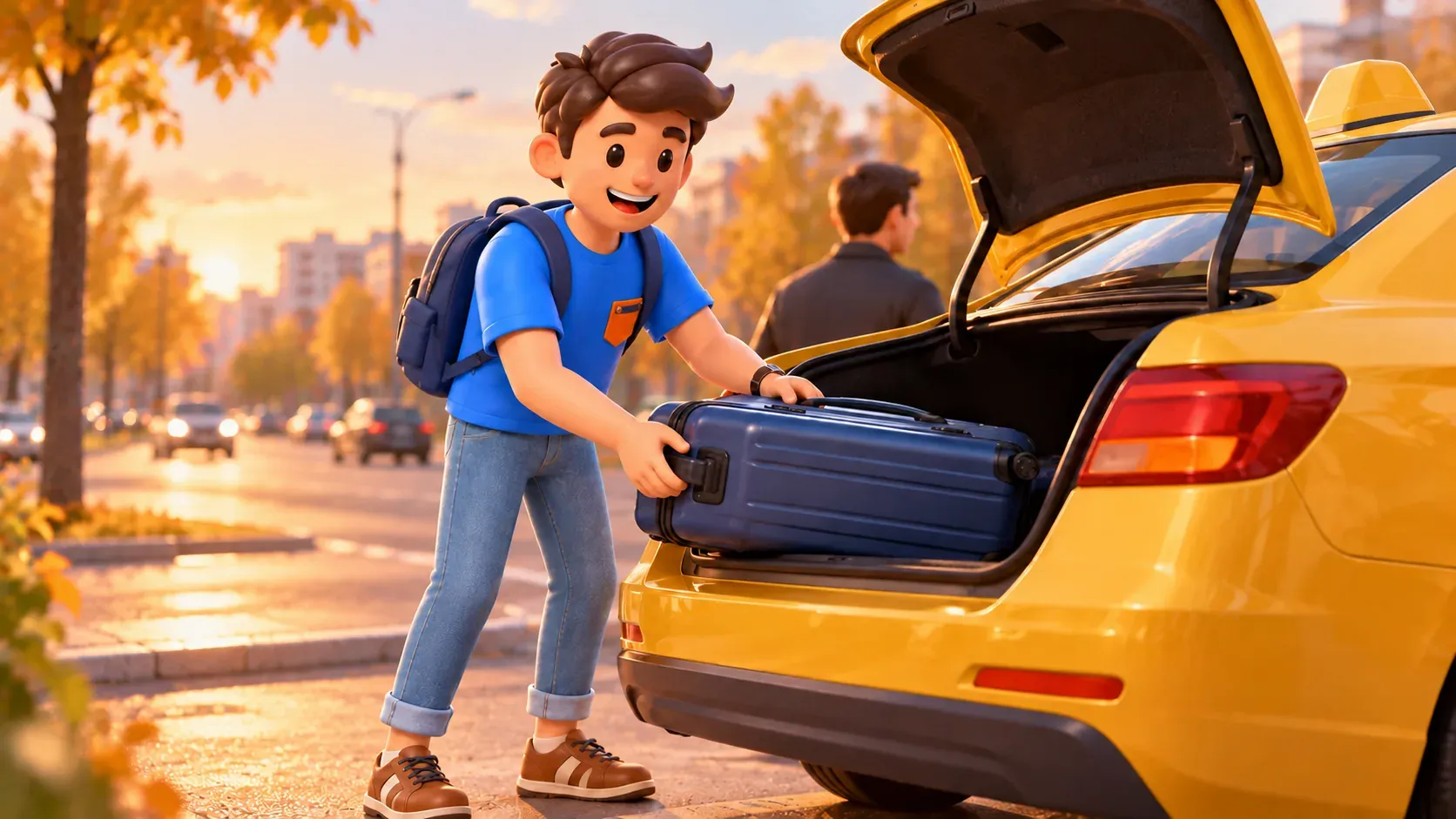 Viajero colocando una maleta en el maletero de un taxi sin marca