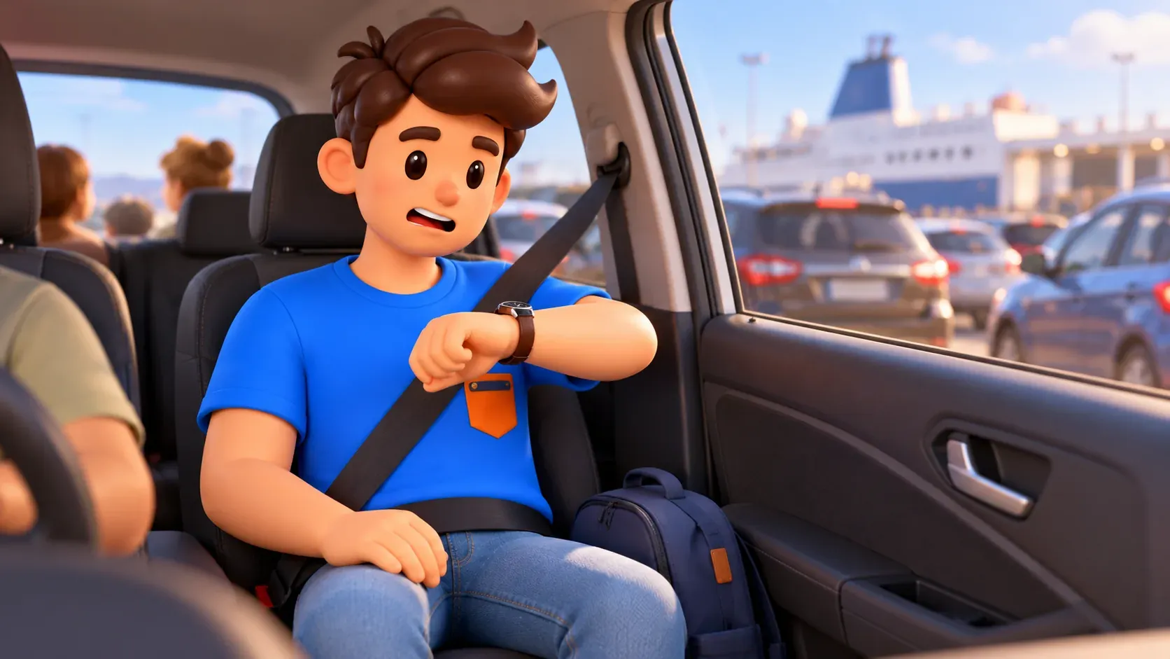 Passenger in a stationary car checking the time while waiting