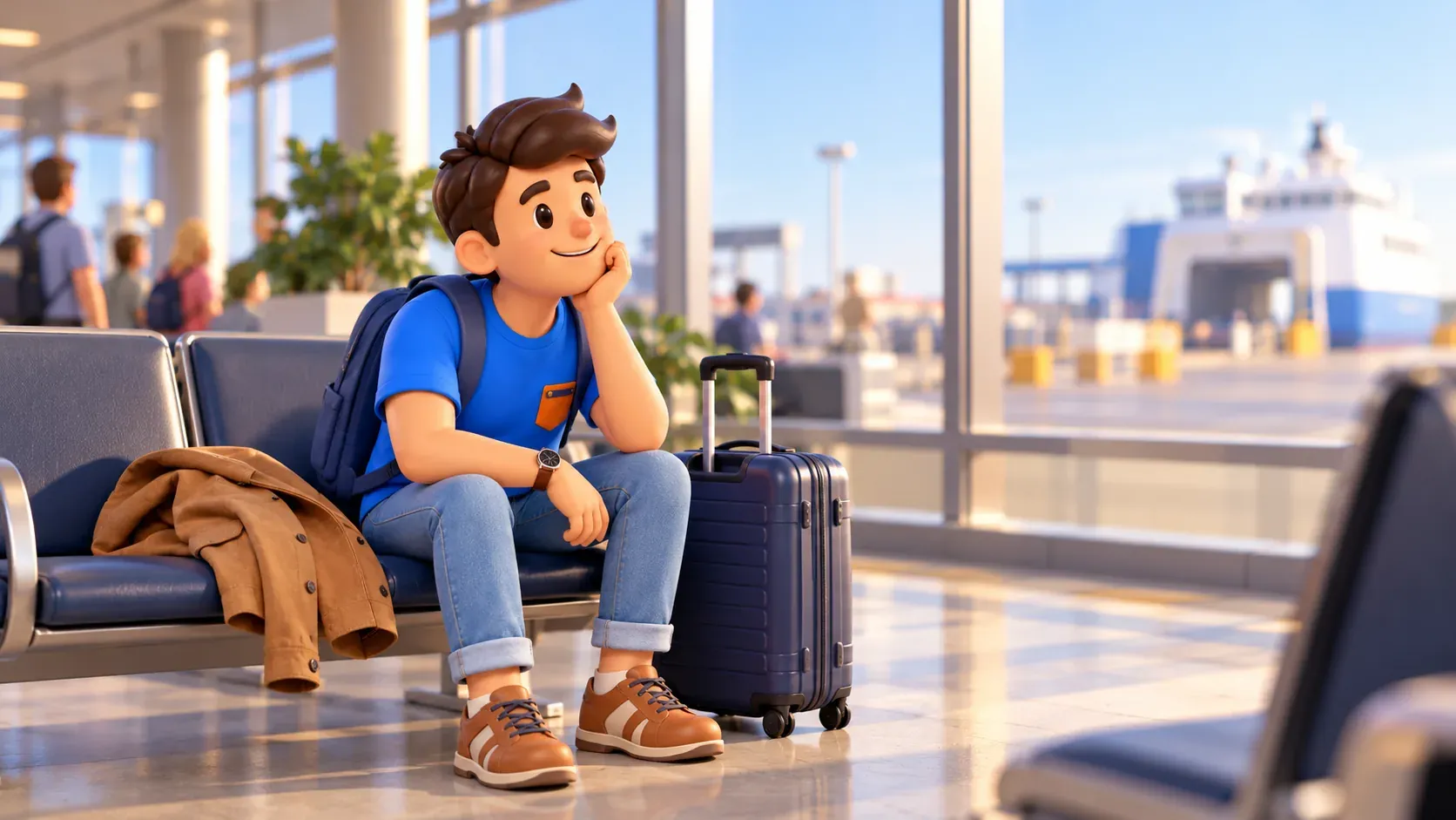 Traveller with a suitcase waiting in a passenger terminal