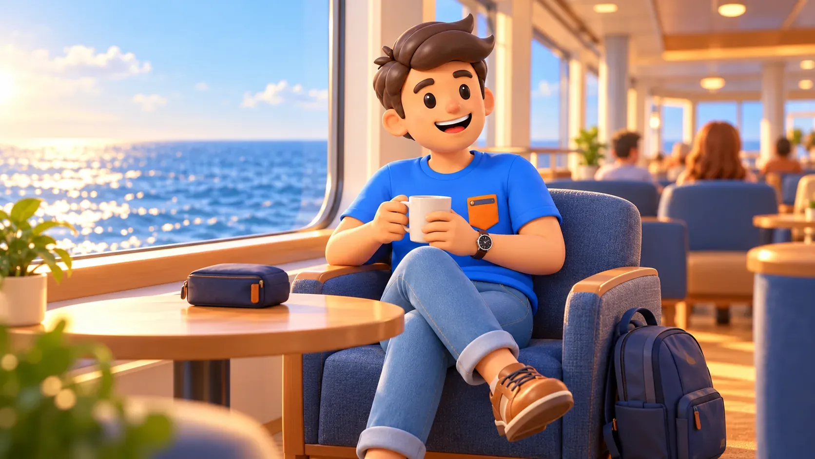 Traveller relaxing with a hot drink in a ferry lounge