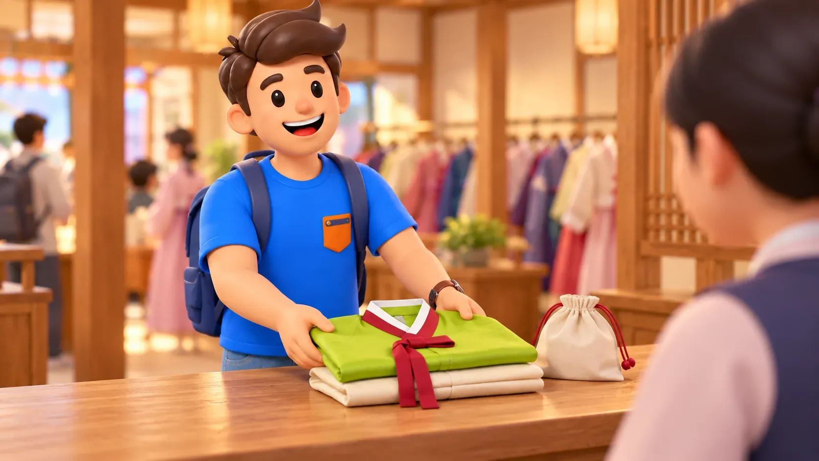 Reisender gibt den gefalteten Hanbok und eine kleine Tasche zurück