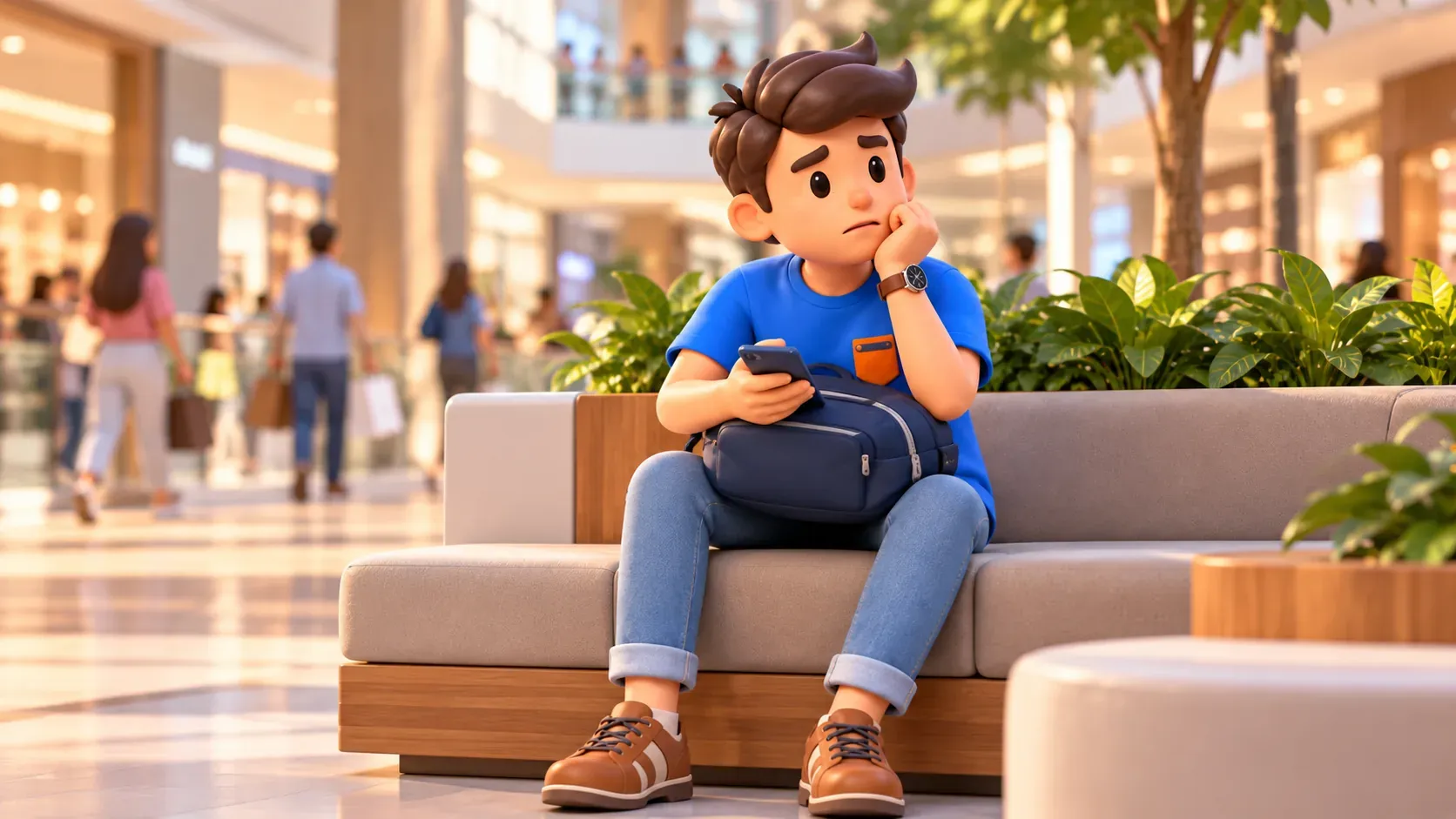 Viajero con mochila esperando en un centro comercial