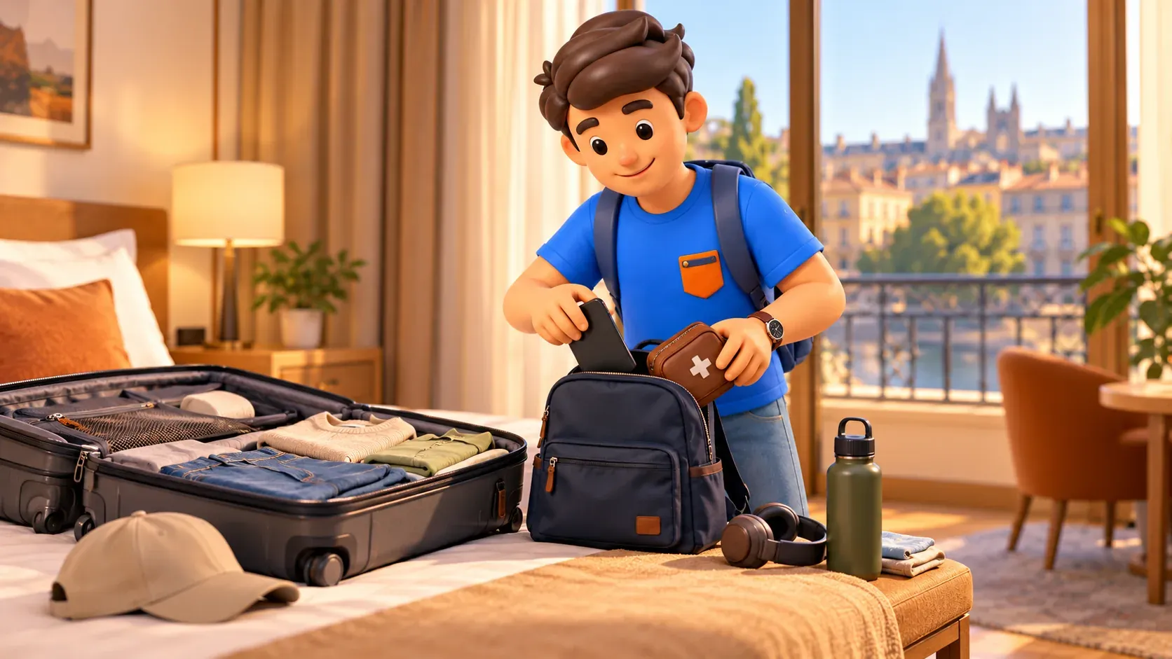 Voyageur préparant ses affaires indispensables dans un petit sac