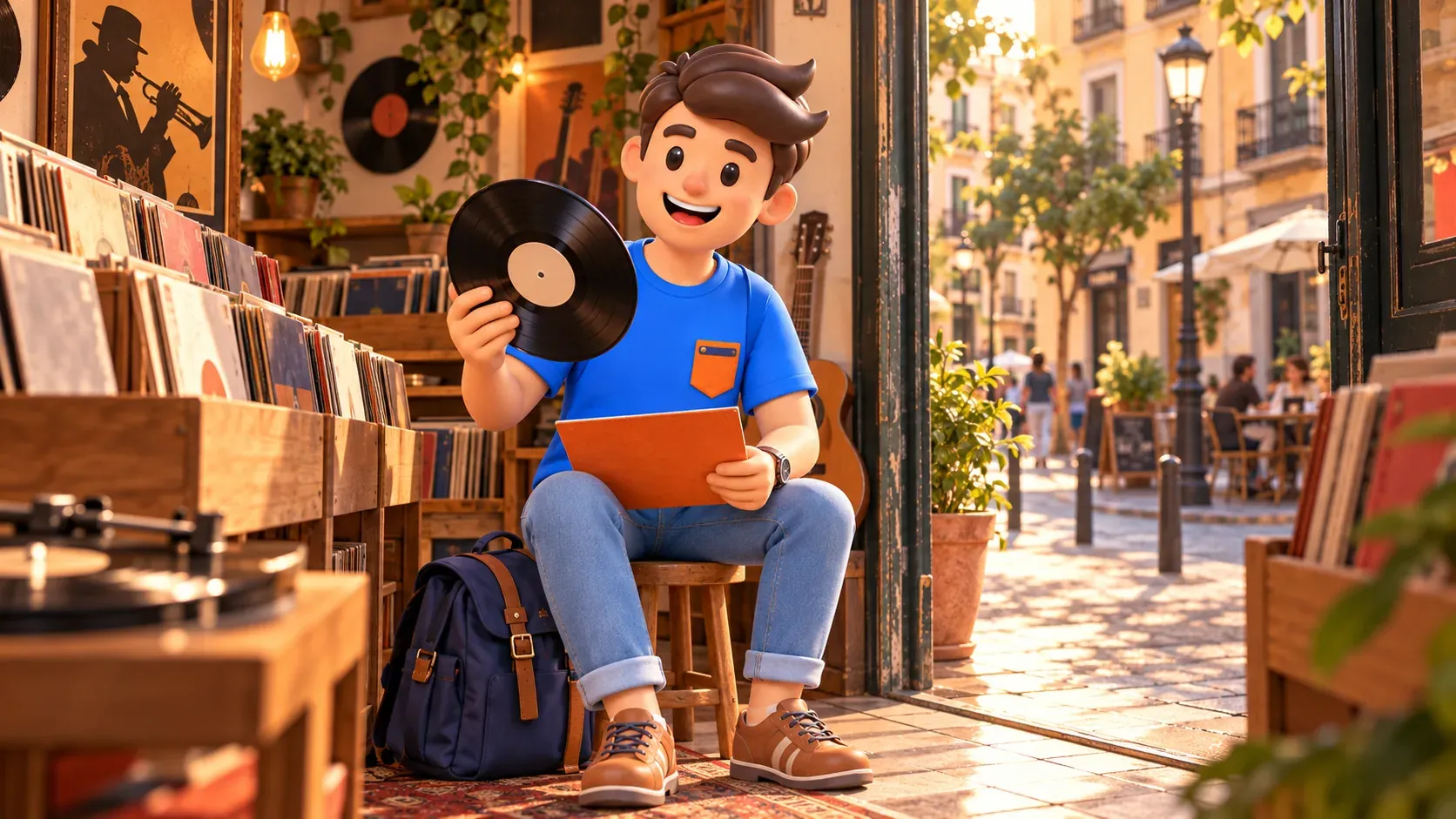 Illustration conceptuelle d’un voyageur avec un disque vinyle chez un disquaire
