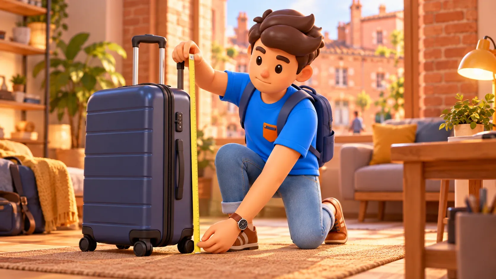 Traveller measuring a suitcase before selecting a locker
