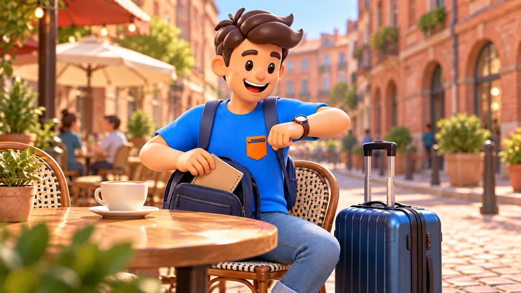 Traveller checking the time at a café terrace