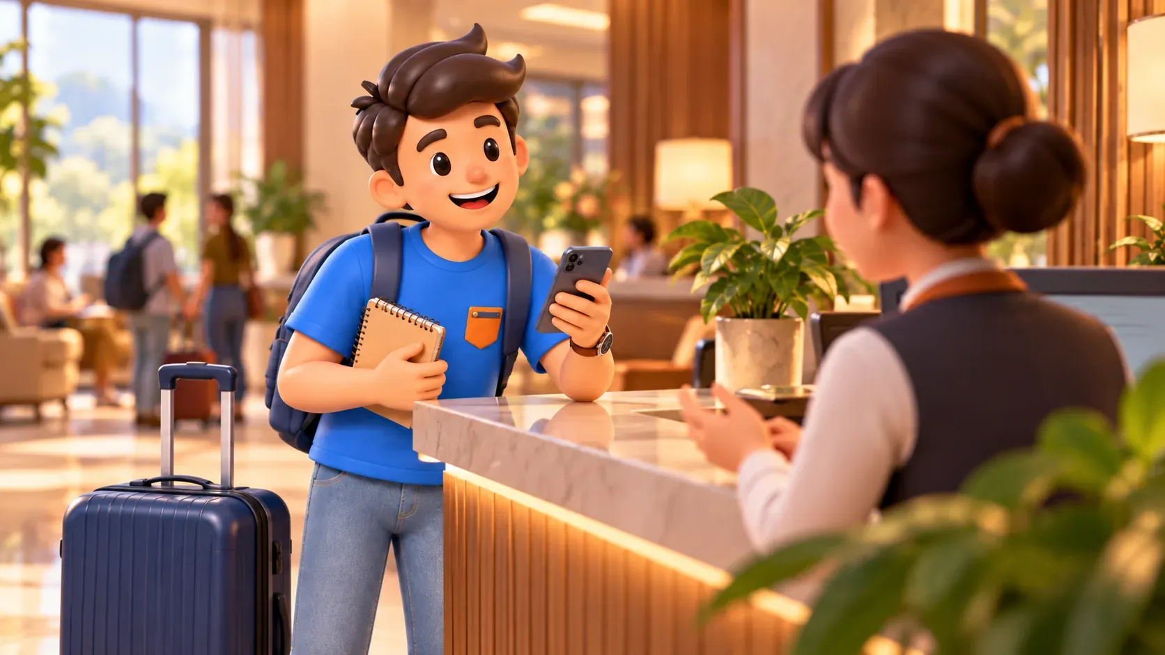 Reisender bittet an einer Hotelrezeption um Hilfe