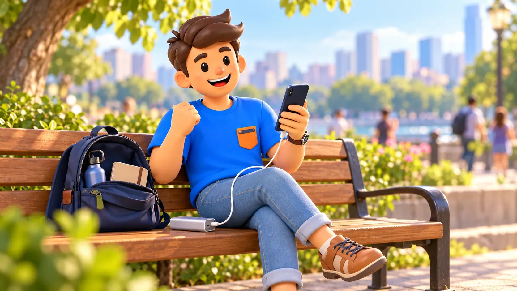 Reisender lädt das Telefon mit einer Powerbank