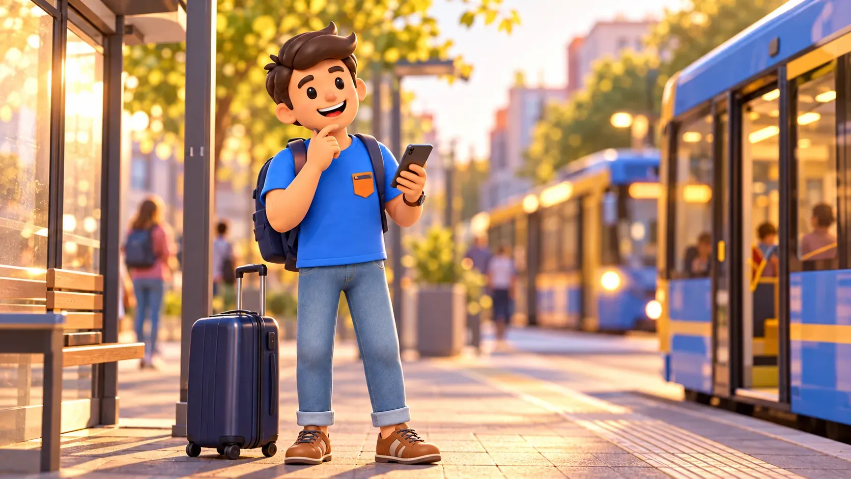 Voyageur avec sa valise à un arrêt urbain