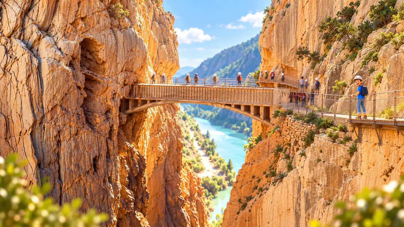 Caminito del Rey gorge with bridges and the cliffside walkway
