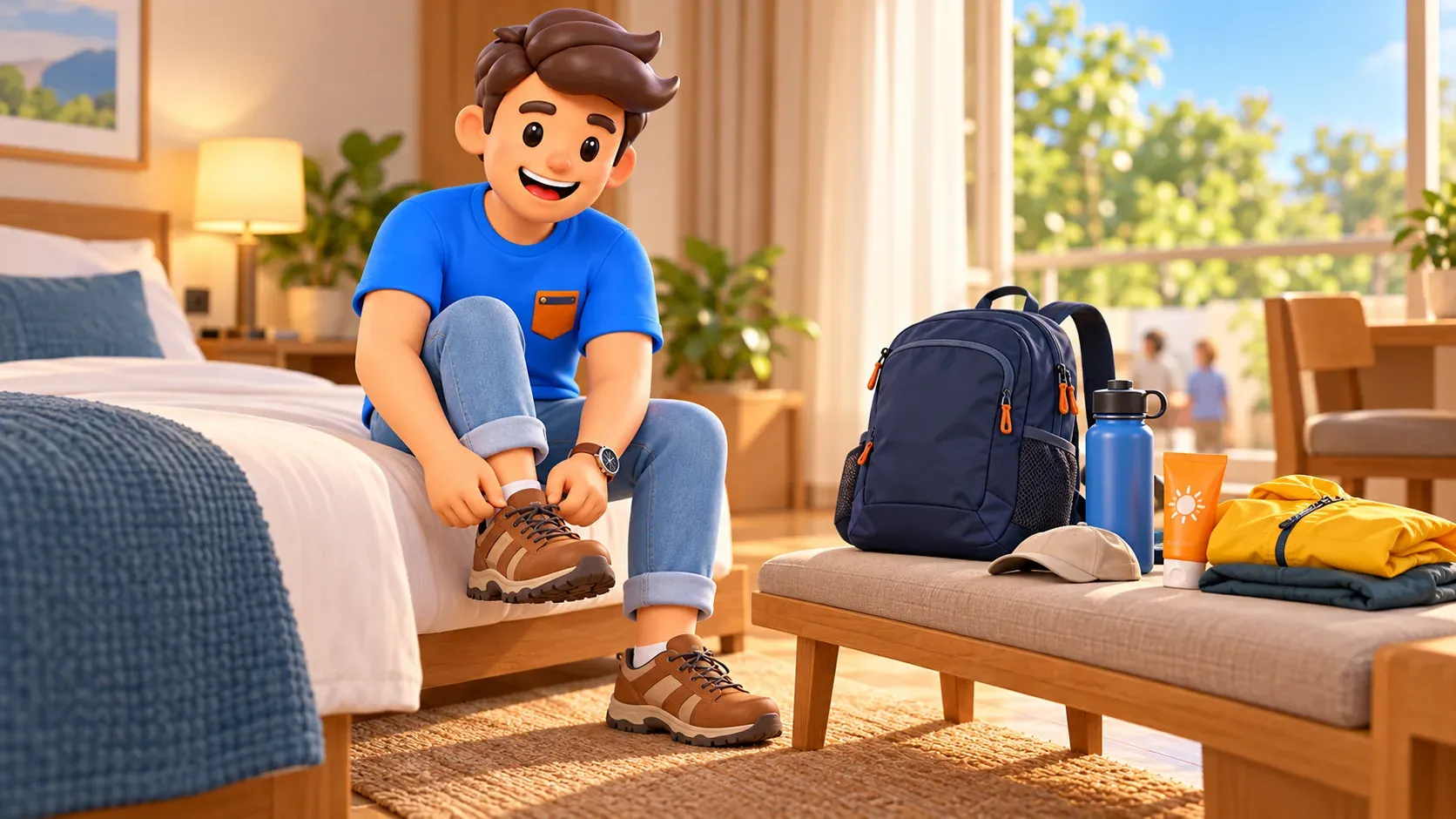 Traveller preparing sturdy shoes, water and a compact daypack