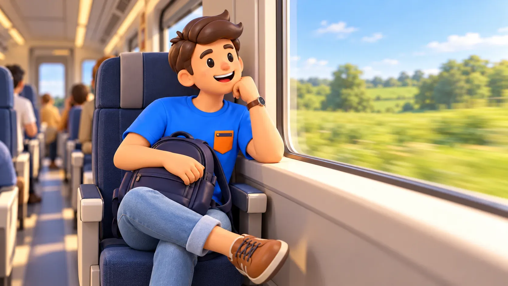 Traveller watching green fields from a train carriage