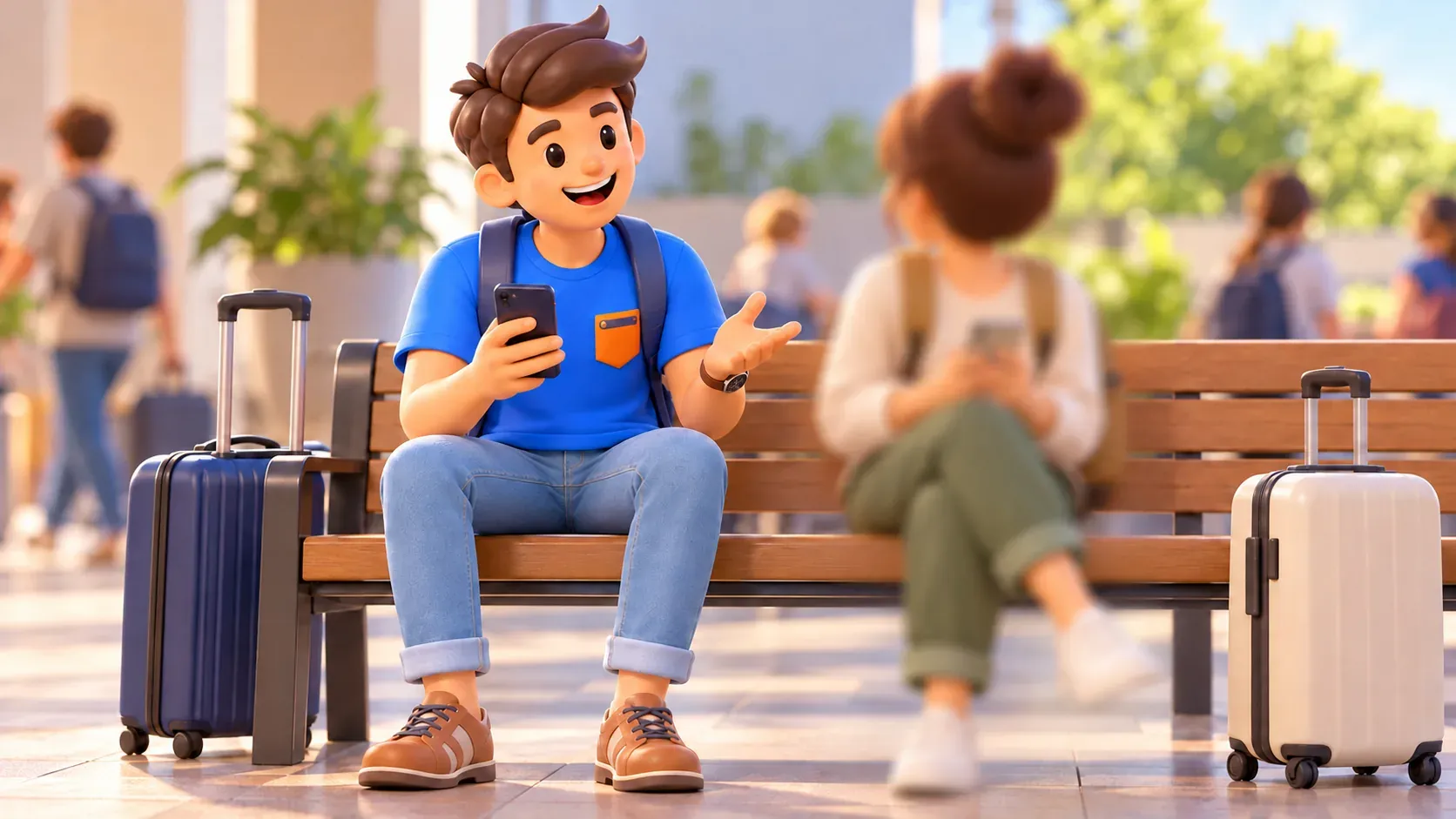 Traveller discussing a journey with a companion on a station bench