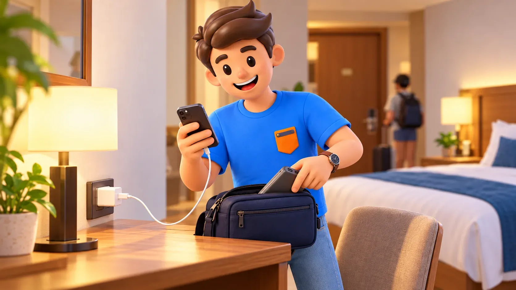 Traveller charging a phone and packing a power bank