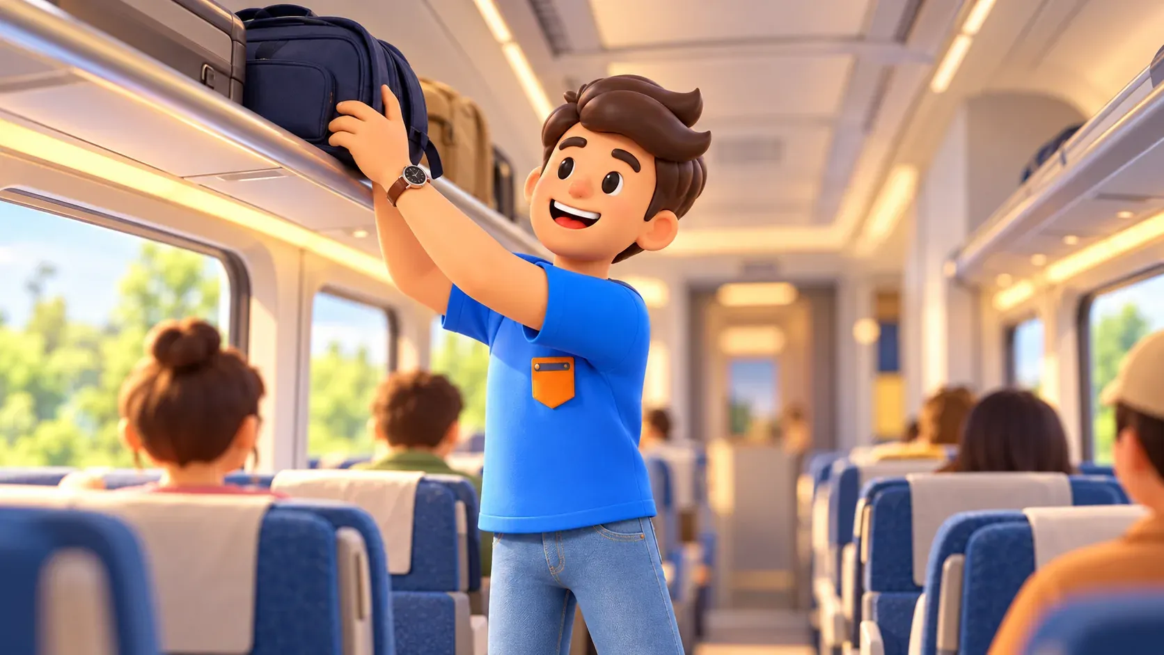 Viajero colocando una mochila en el portaequipajes