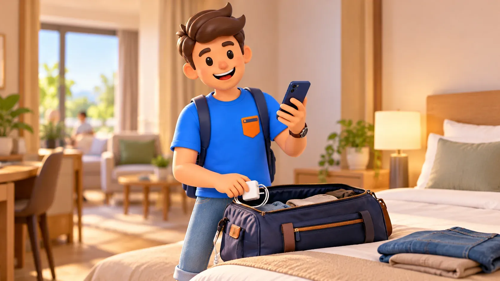 Viajero comprobando el móvil y preparando la bolsa en el hotel