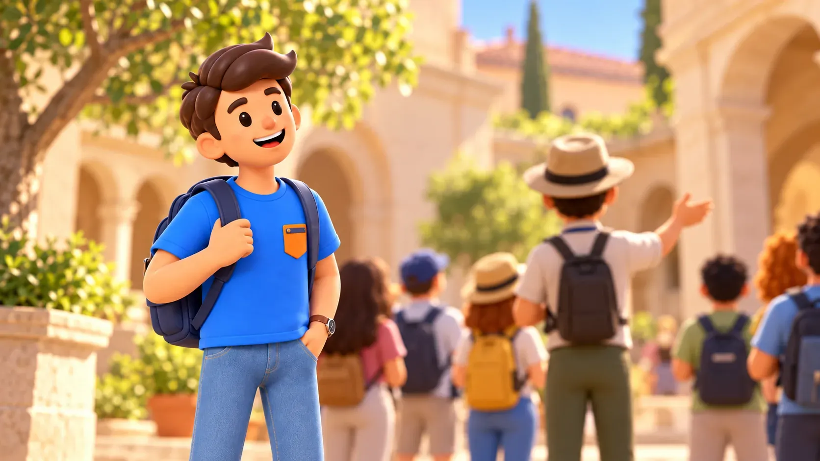 Voyageur écoutant un guide dans une cour illustrative
