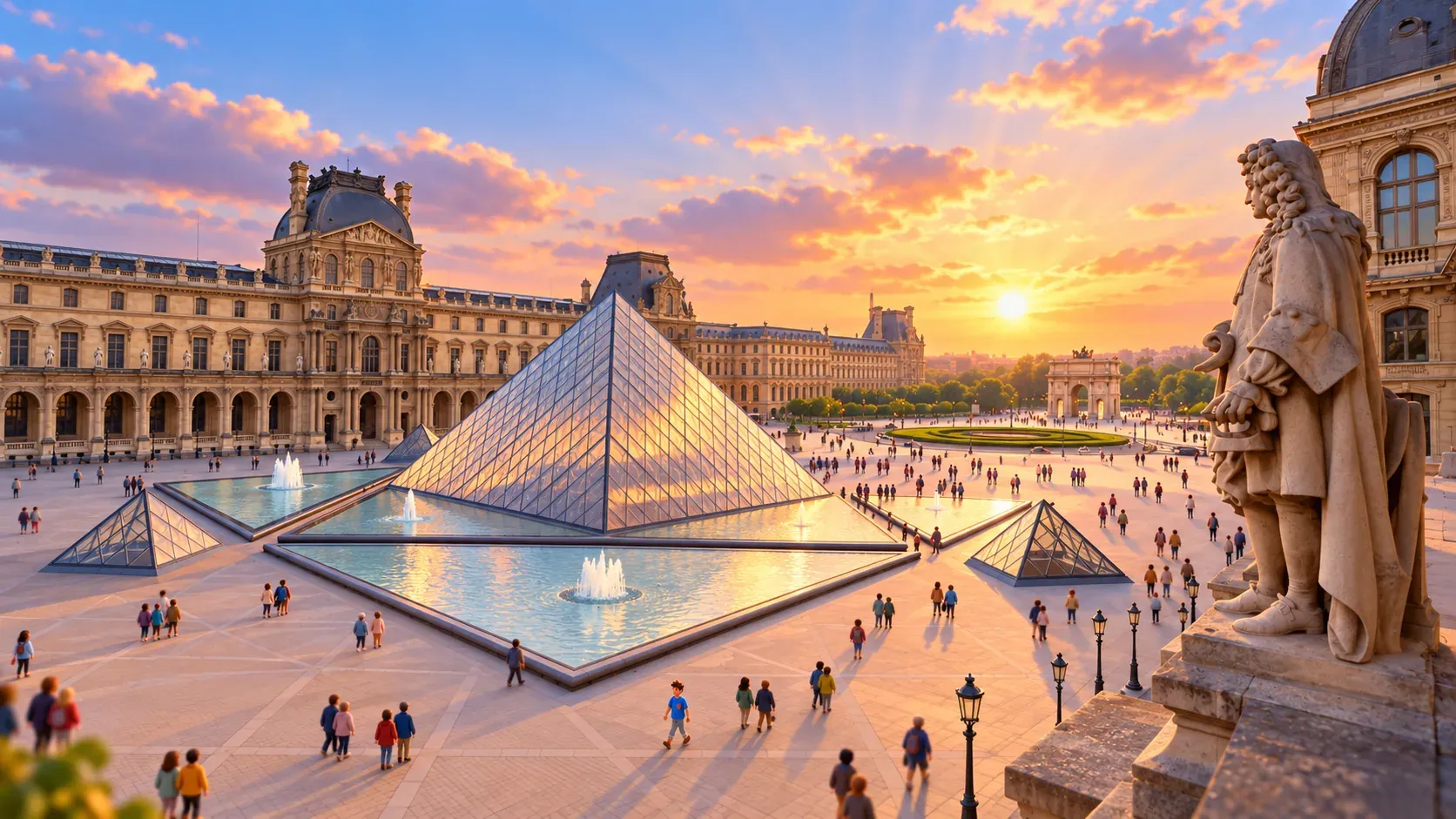 Cour Napoléon du Louvre avec la pyramide, les bassins et la statue