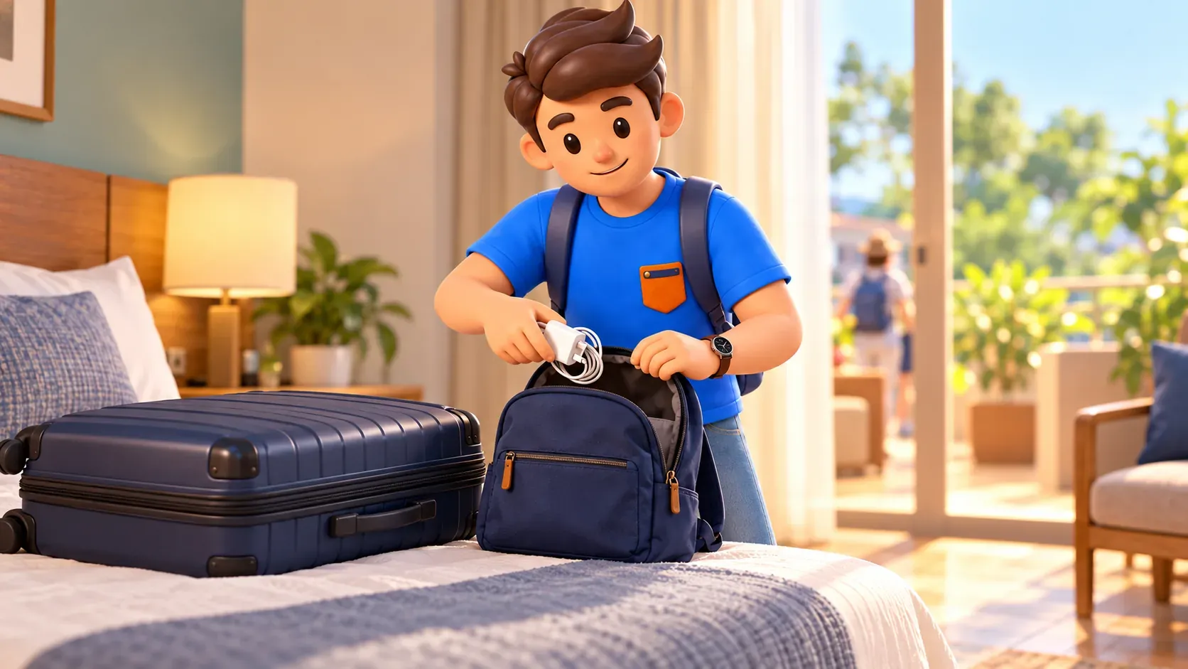Voyageur préparant un petit sac en laissant la valise à l’hôtel