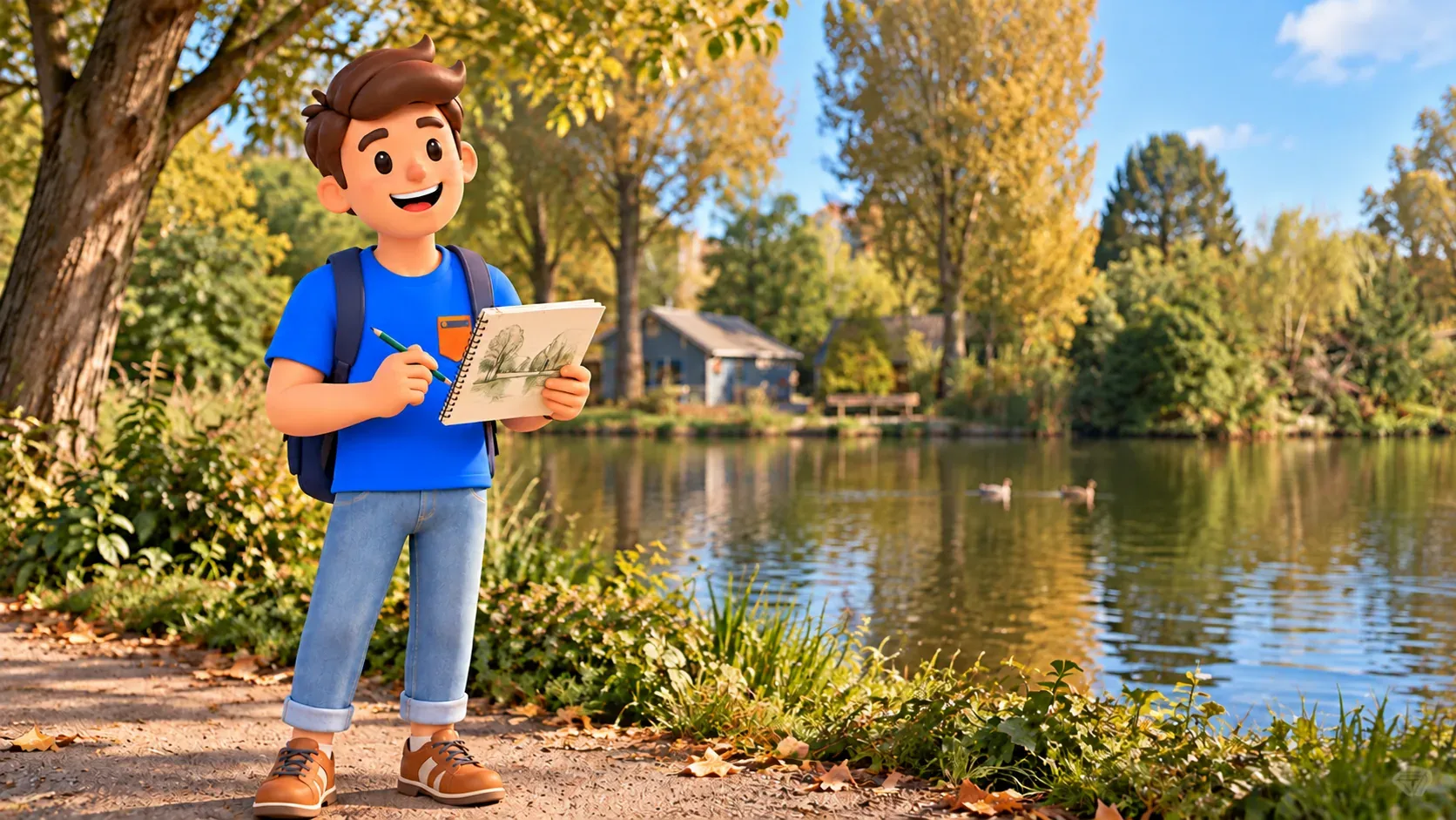 Ilustración temática de Westerpark con un viajero dibujando un paisaje propio junto a un estanque