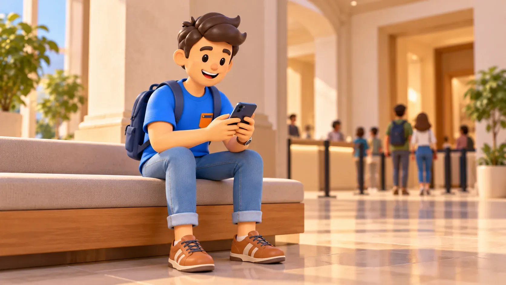 Voyageur vérifiant son téléphone dans un accueil de musée illustratif