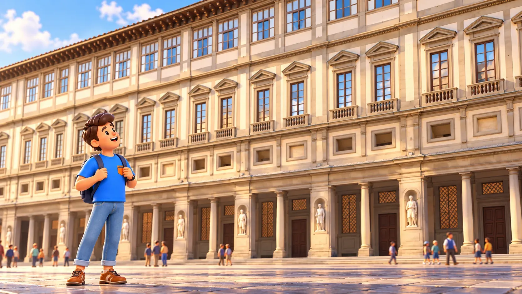 Traveller by the Uffizi facade illustrated from a genuine reference photograph