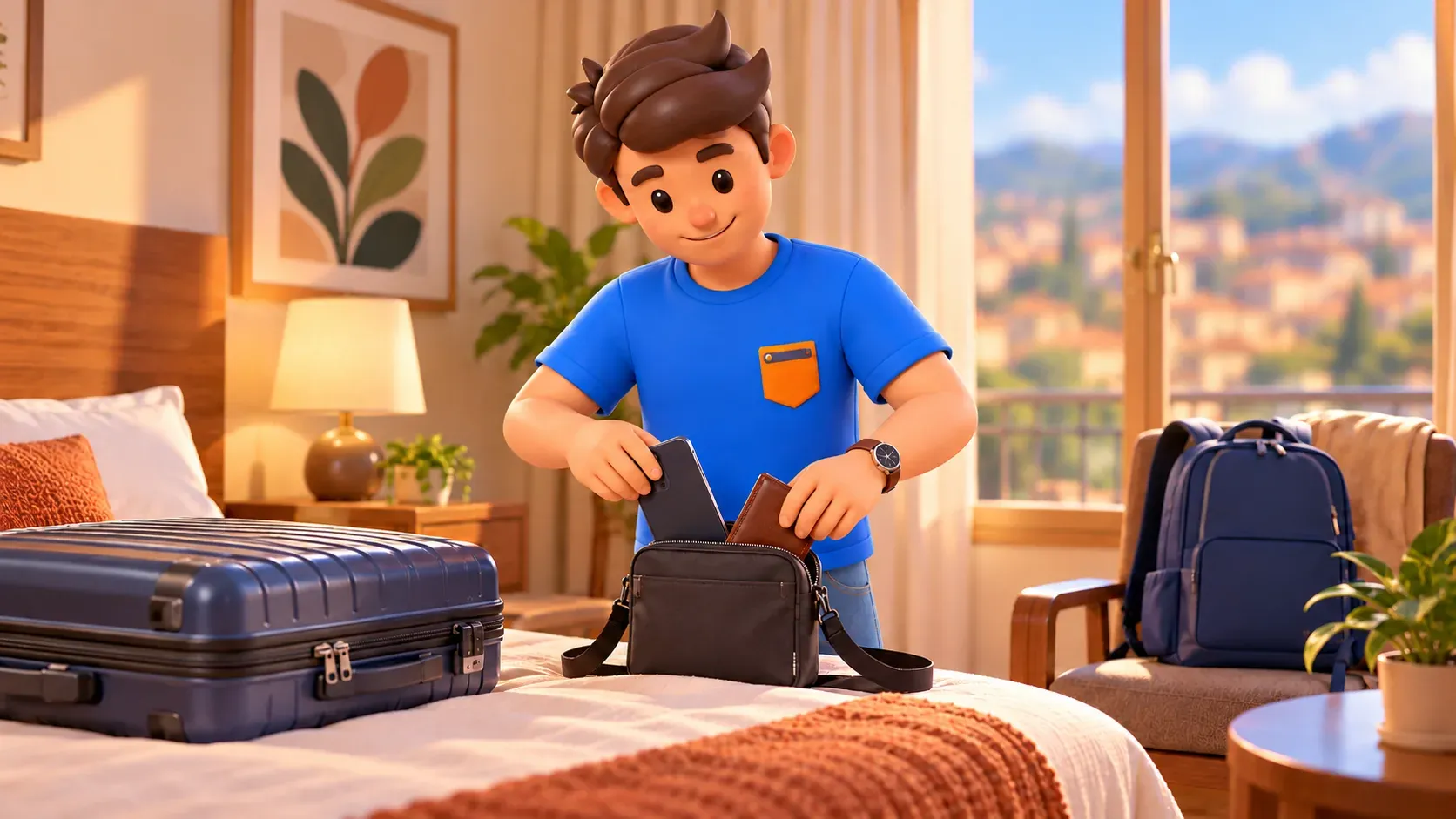 Traveller packing essential belongings in a small bag