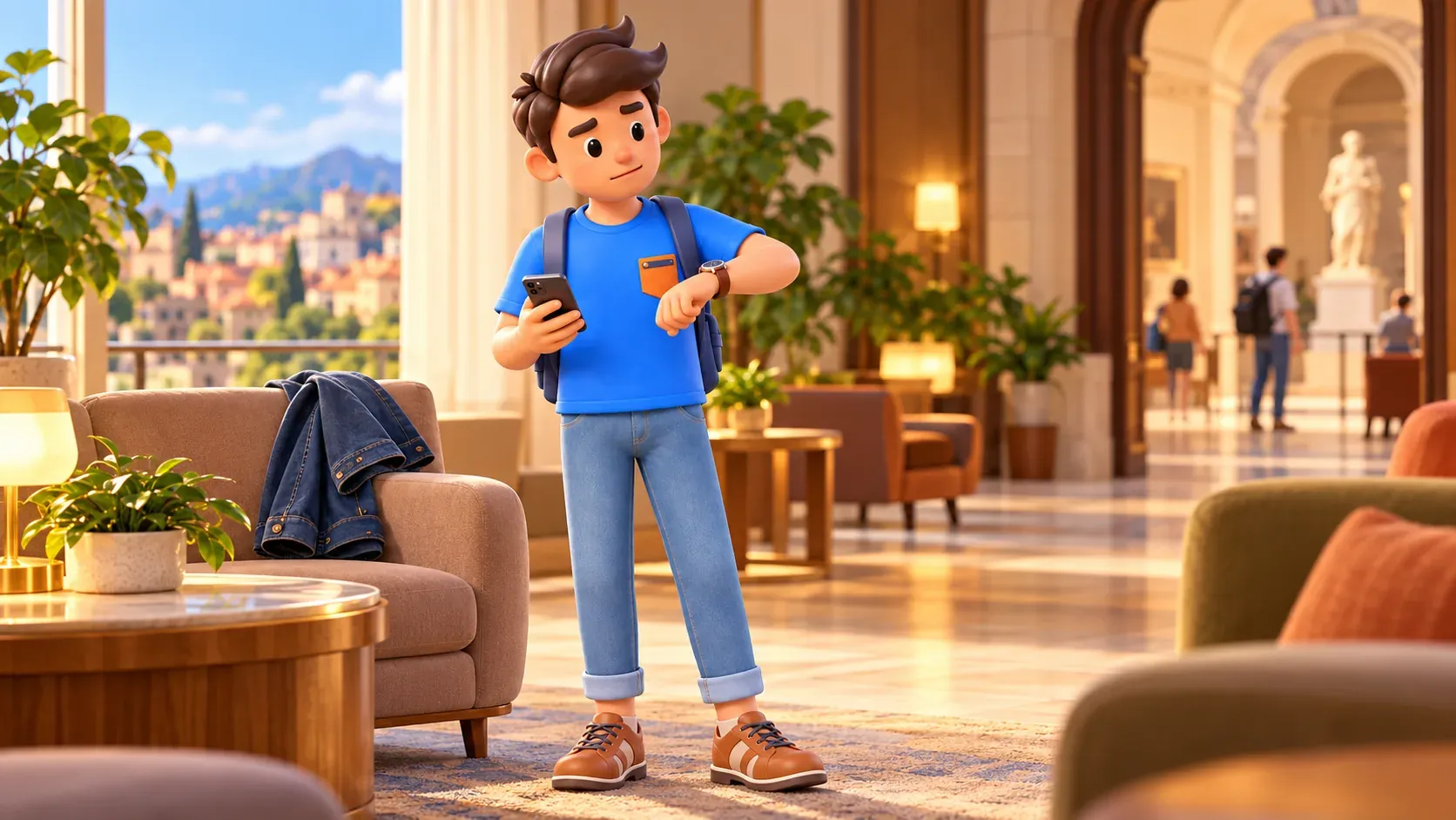 Traveller checking the time before leaving the hotel