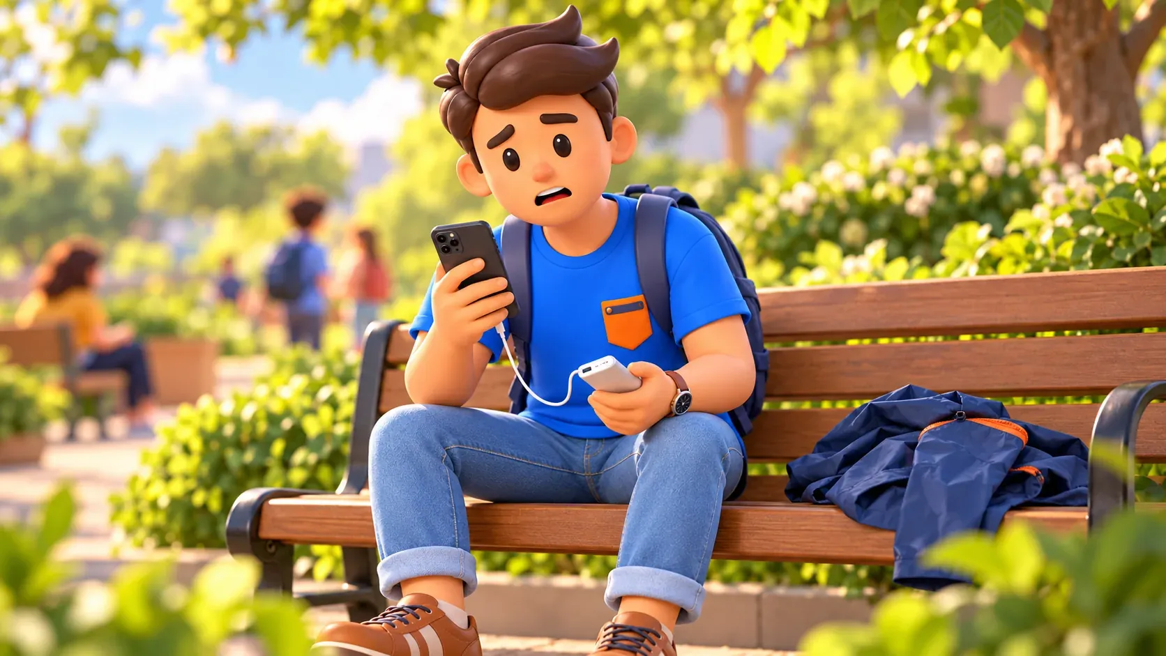 Reisender verbindet sein Telefon mit einer Powerbank