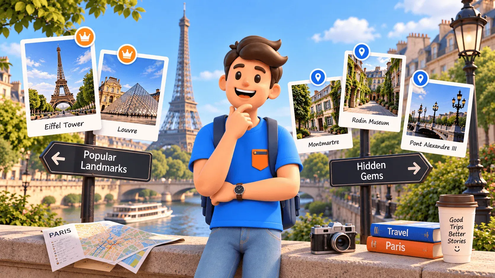 Le personnage de RoadMe compare des lieux parisiens, leur popularité et leur importance