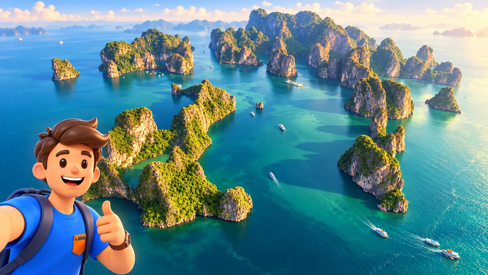 Ha Long Bay landscape illustrated from a genuine photograph with an editorial mascot portrait