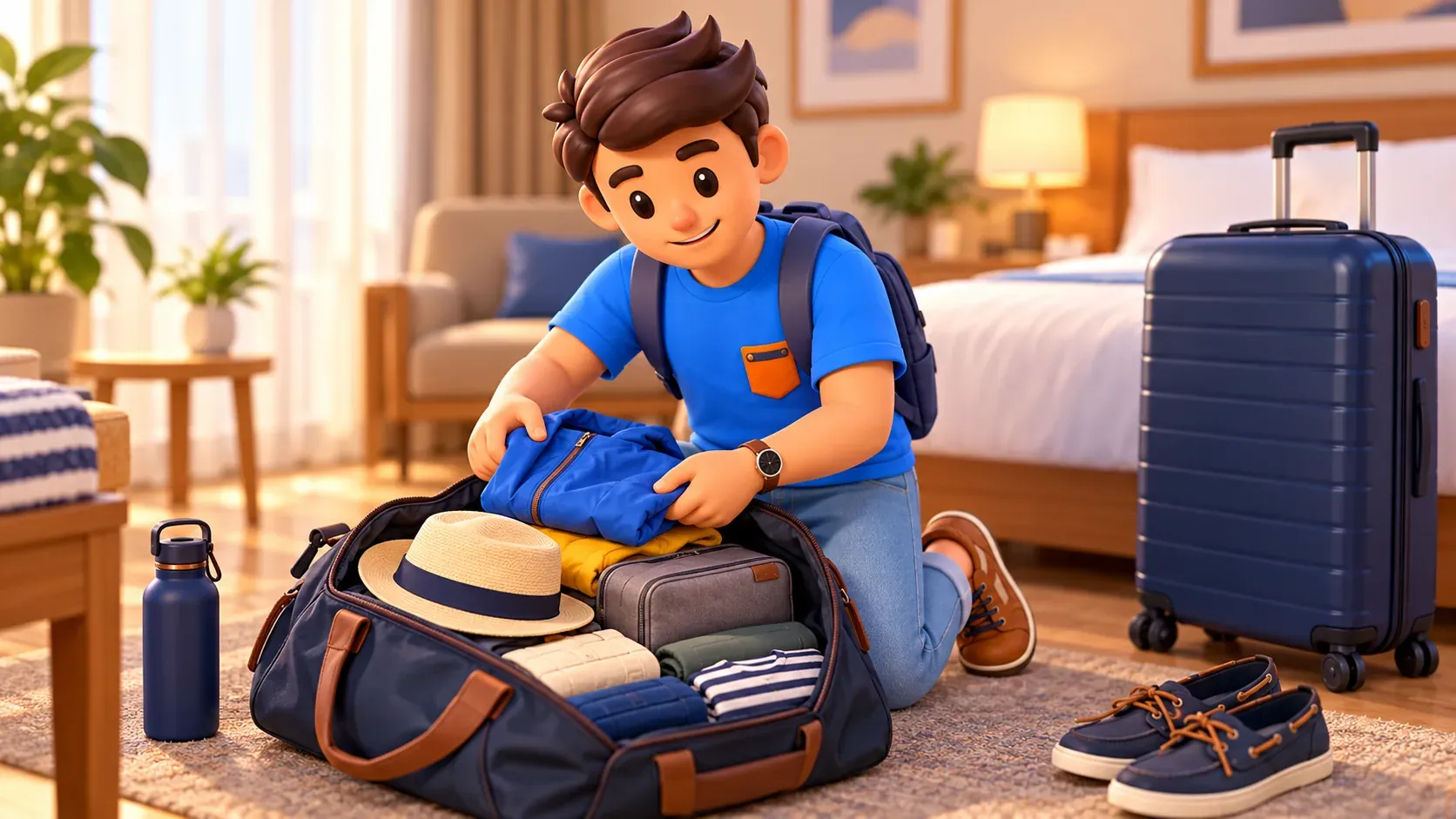 Traveller packing a small overnight bag