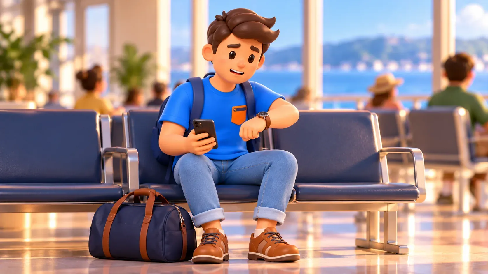 Traveller checking the time in a port waiting lounge