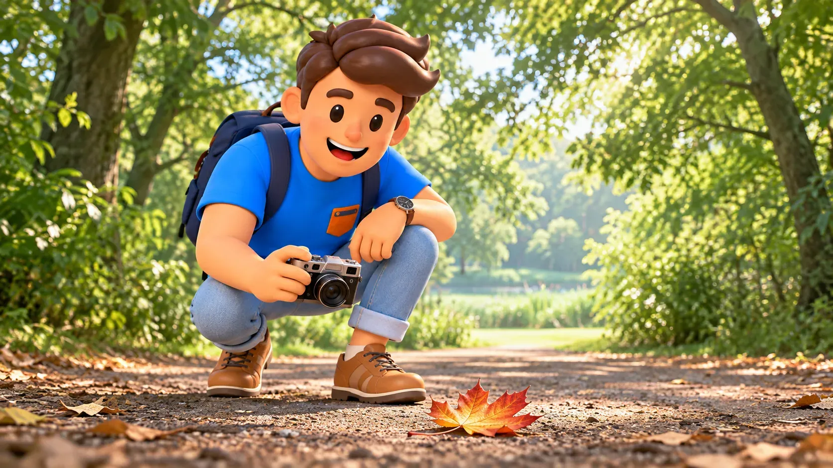 Ilustración temática de Amsterdamse Bos con un viajero agachado en el camino fotografiando una hoja caída sin recogerla