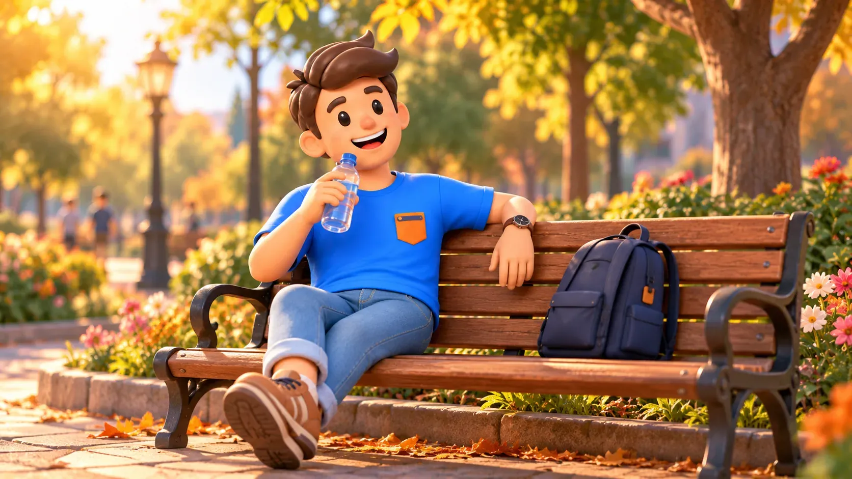 Relaxed break on a park bench between visits