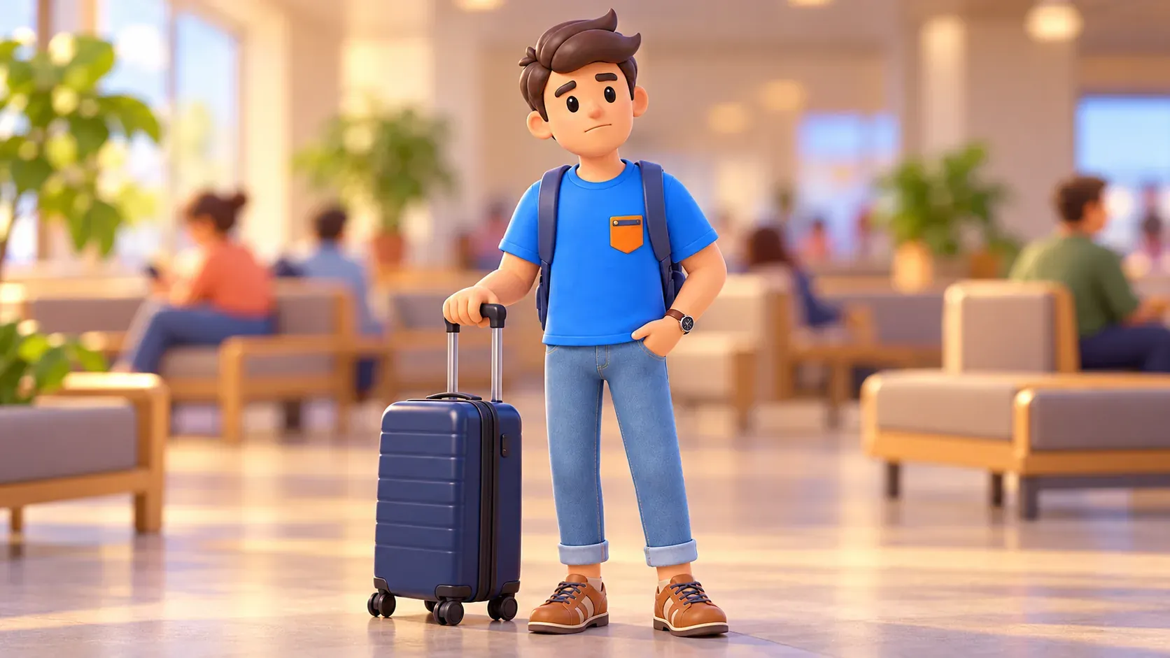Attente avec une valise dans un hall anonyme