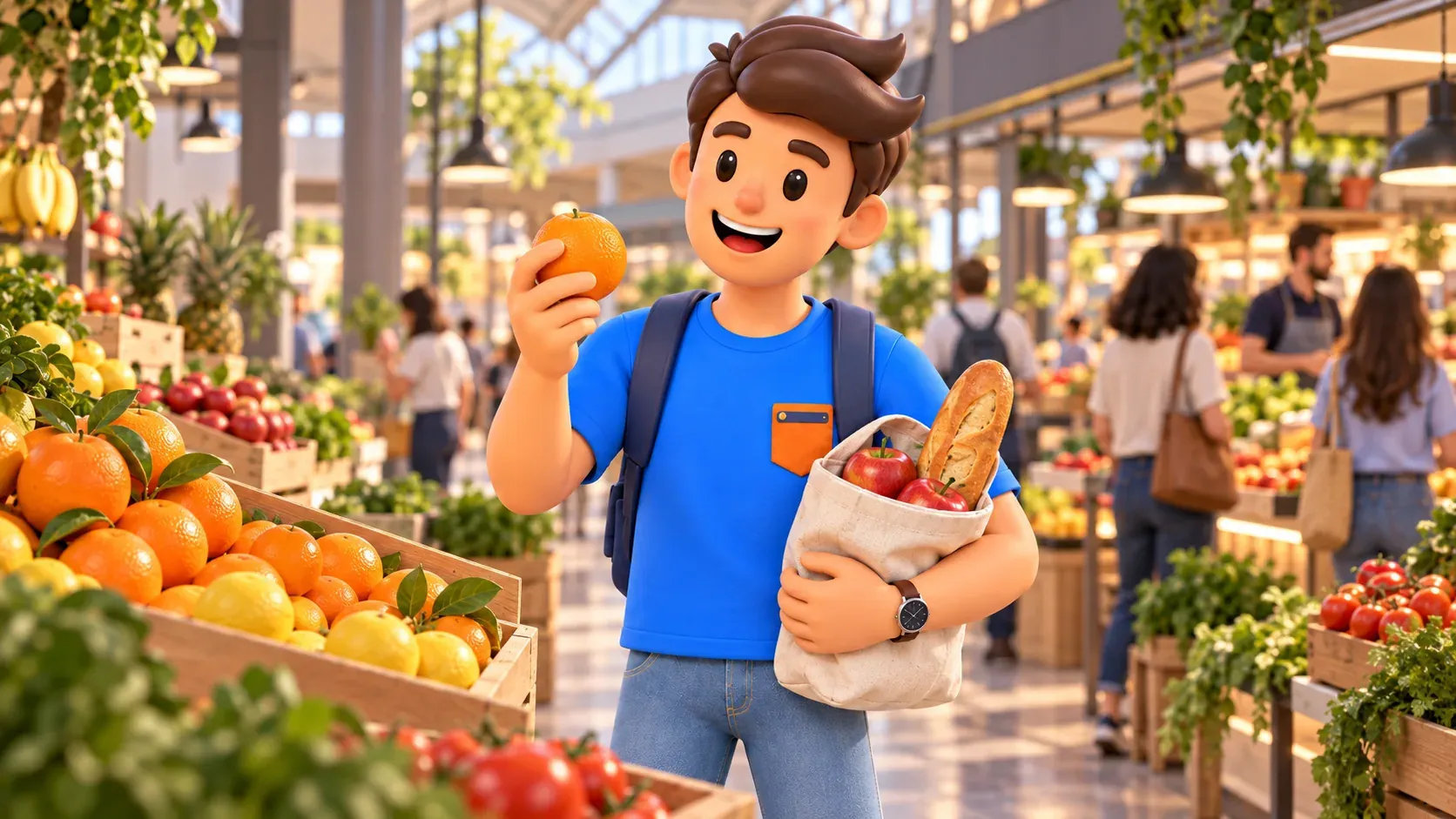 Conceptual illustration of a traveller with fruit and a shopping bag at a market counter